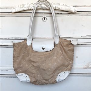 Longchamp creamwith white accented leather tote